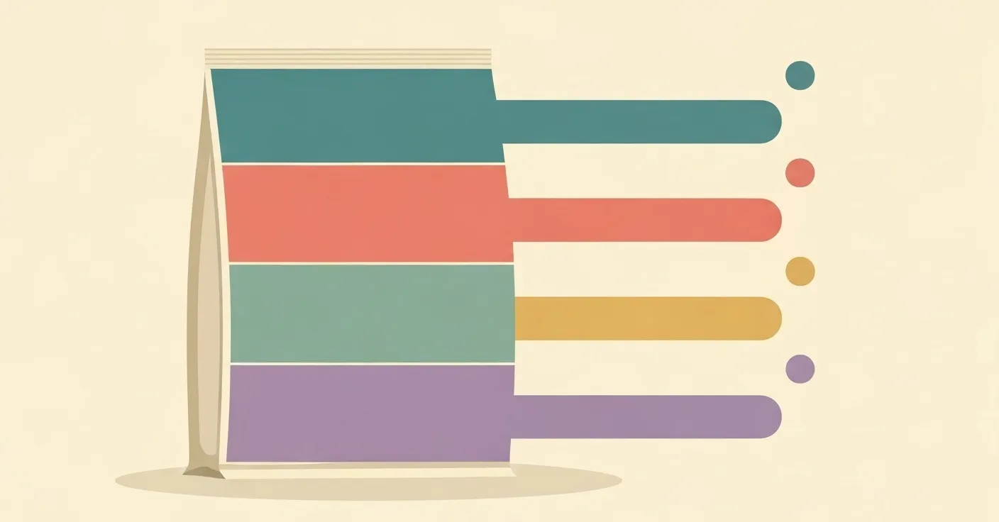 Illustration of a cat food bag turned to show the back-of-package guaranteed analysis and ingredients panel, with annotation arrows pointing to the protein, fat, fiber, moisture, and AAFCO statement sections.
