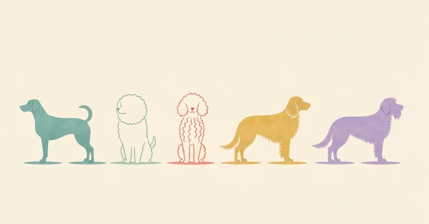 Five color-coded silhouettes comparing smooth, double, curly, long, and wire coat types side by side with relative coat-thickness visualizations