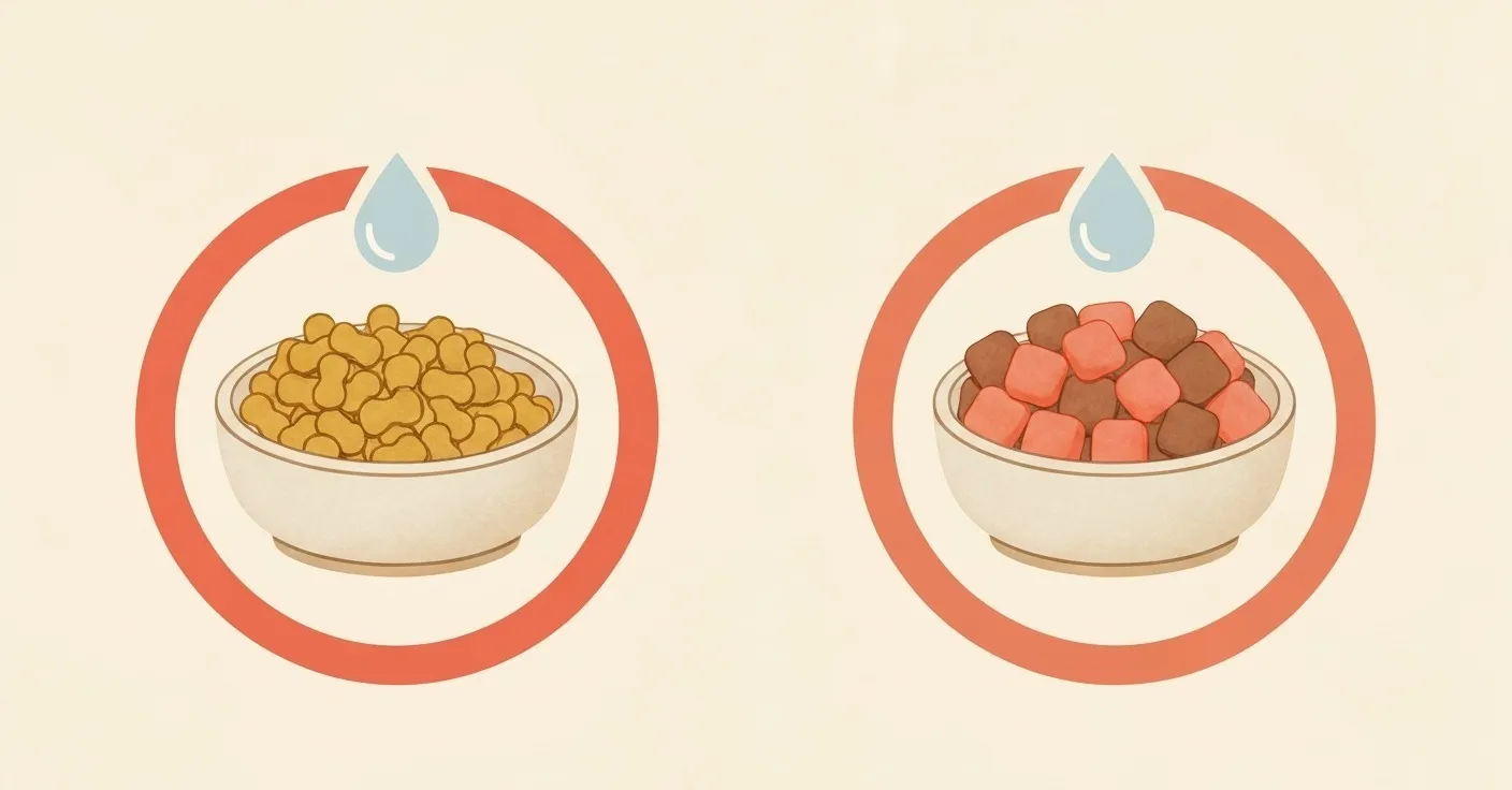 Side-by-side conceptual graphic of a kibble bowl and a wet food bowl with their water content shaded out, showing the remaining dry portion and labeled protein percentages after a dry-matter conversion.