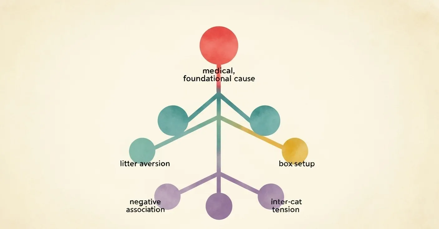 A color-coded decision tree illustration showing the five branching causes of feline litter box avoidance, with medical at the trunk and behavioral causes as outer branches.