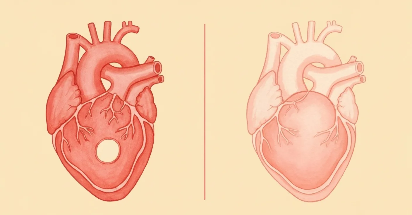 A simple side-by-side illustration of a healthy canine heart silhouette next to a dilated heart silhouette, color-coded muscle wall thickness