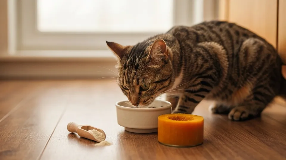 A tabby cat eating from a ceramic bowl on a wooden kitchen floor, with warm natural light behind it.