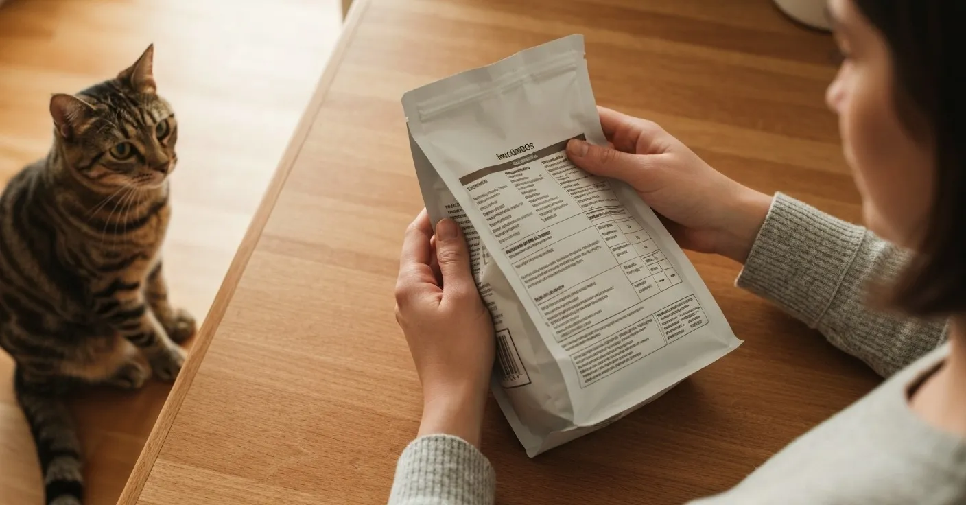 Close-up of a person reading the back-of-bag ingredients panel on a bag of cat food at a kitchen counter.