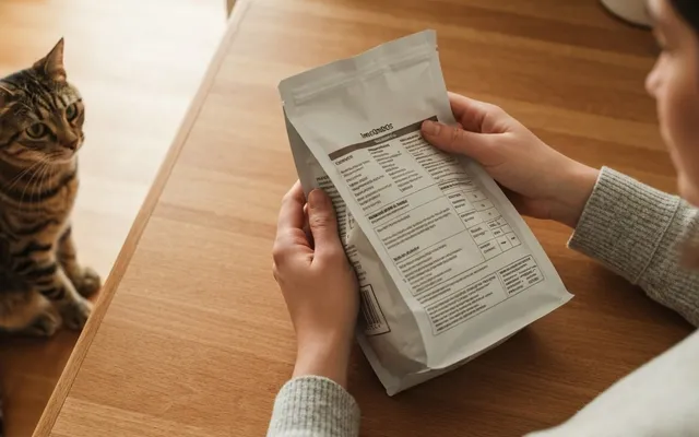 Close-up of a person reading the back-of-bag ingredients panel on a bag of cat food at a kitchen counter.