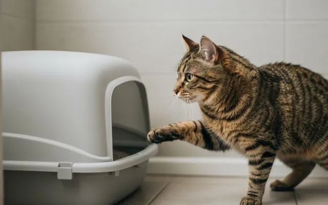 A medium-haired tabby cat sitting beside a clean covered litter box on a tile floor, looking thoughtfully away.
