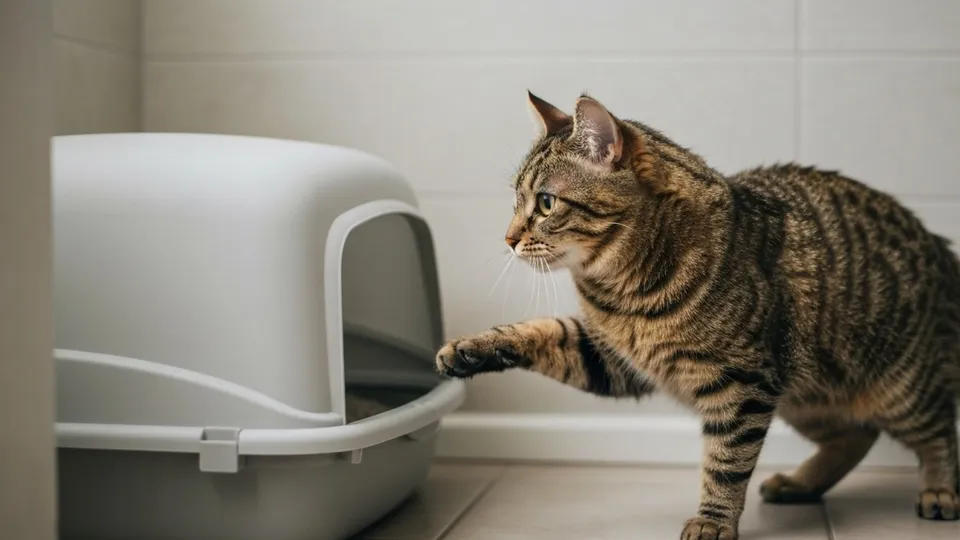 A medium-haired tabby cat sitting beside a clean covered litter box on a tile floor, looking thoughtfully away.