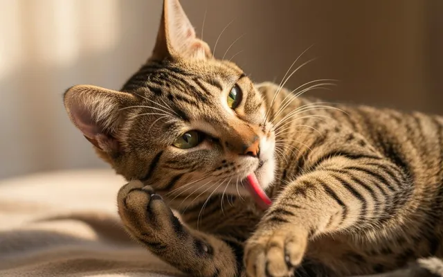 A short-haired cat mid-grooming on a soft beige blanket in afternoon light, paw curled near its belly.
