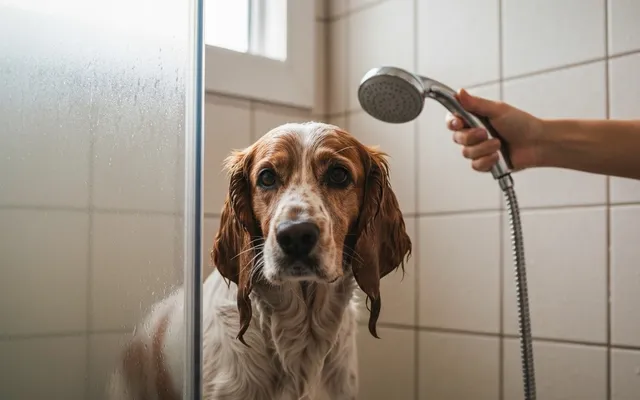 A medium-size dog being gently rinsed with warm water in a home shower stall, calm and relaxed, soft natural light.