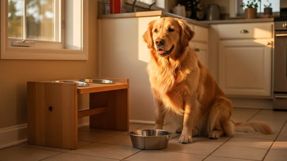 A 25-kg golden retriever waiting beside a wooden feeding station at golden hour, an empty stainless steel bowl on a tile floor.