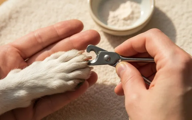 A close-up of a small dog's paw being held gently while an owner positions a pair of guillotine-style nail clippers, warm indoor lighting.