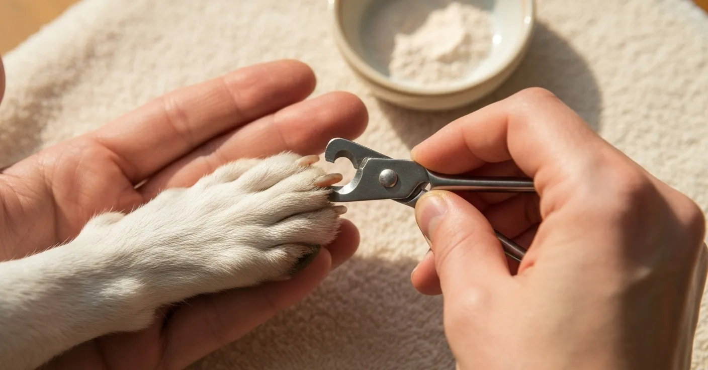 A close-up of a small dog's paw being held gently while an owner positions a pair of guillotine-style nail clippers, warm indoor lighting.