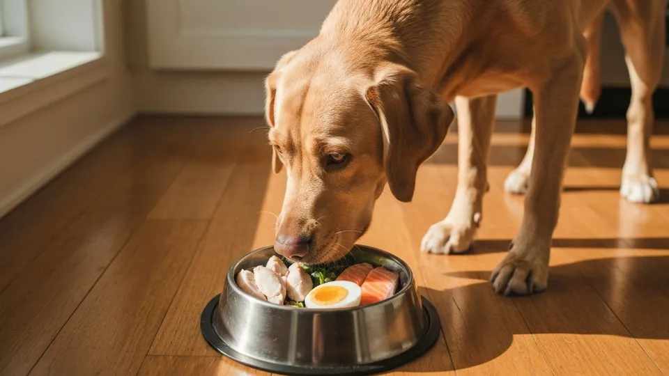 A lean adult dog eating a fresh whole-food meal from a stainless steel bowl on a wooden floor.