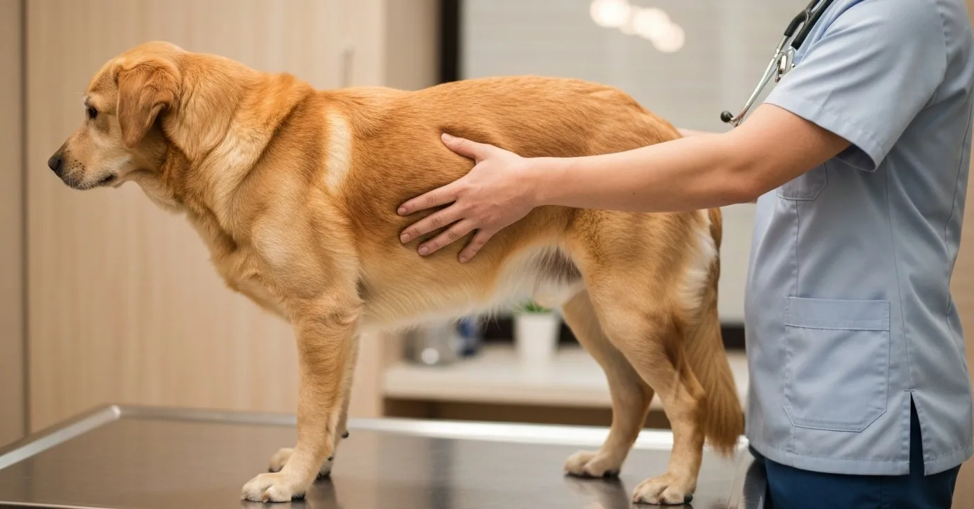 Veterinarian assessing a dog's body condition by feeling along its spine and ribs.