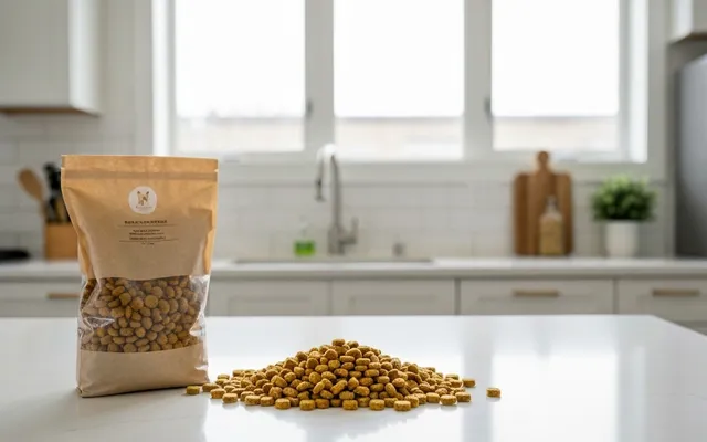 A bag of kibble on a kitchen counter with peas, lentils, and chickpeas in small dishes alongside, soft morning light.