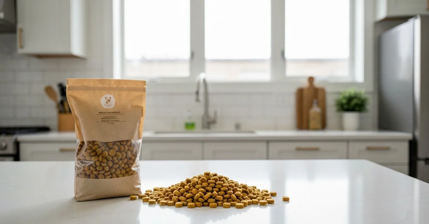 A bag of kibble on a kitchen counter with peas, lentils, and chickpeas in small dishes alongside, soft morning light.