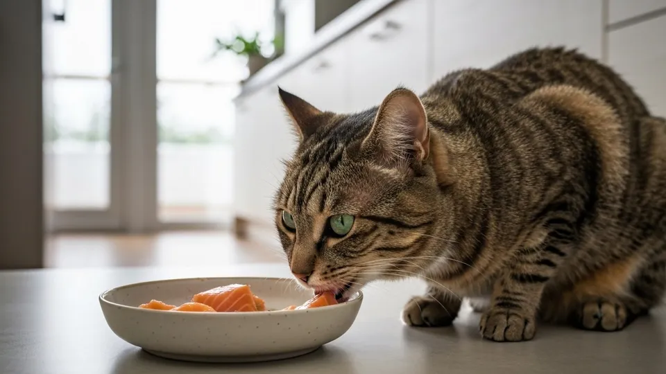 Indoor cat eating from a ceramic bowl on a kitchen floor.