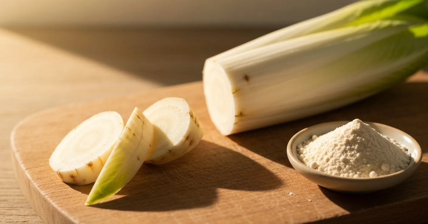 A close-up of chicory root sliced on a wooden board with raw inulin powder beside it on a soft kitchen counter.