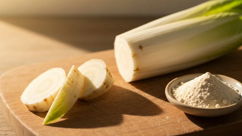 A close-up of chicory root sliced on a wooden board with raw inulin powder beside it on a soft kitchen counter.