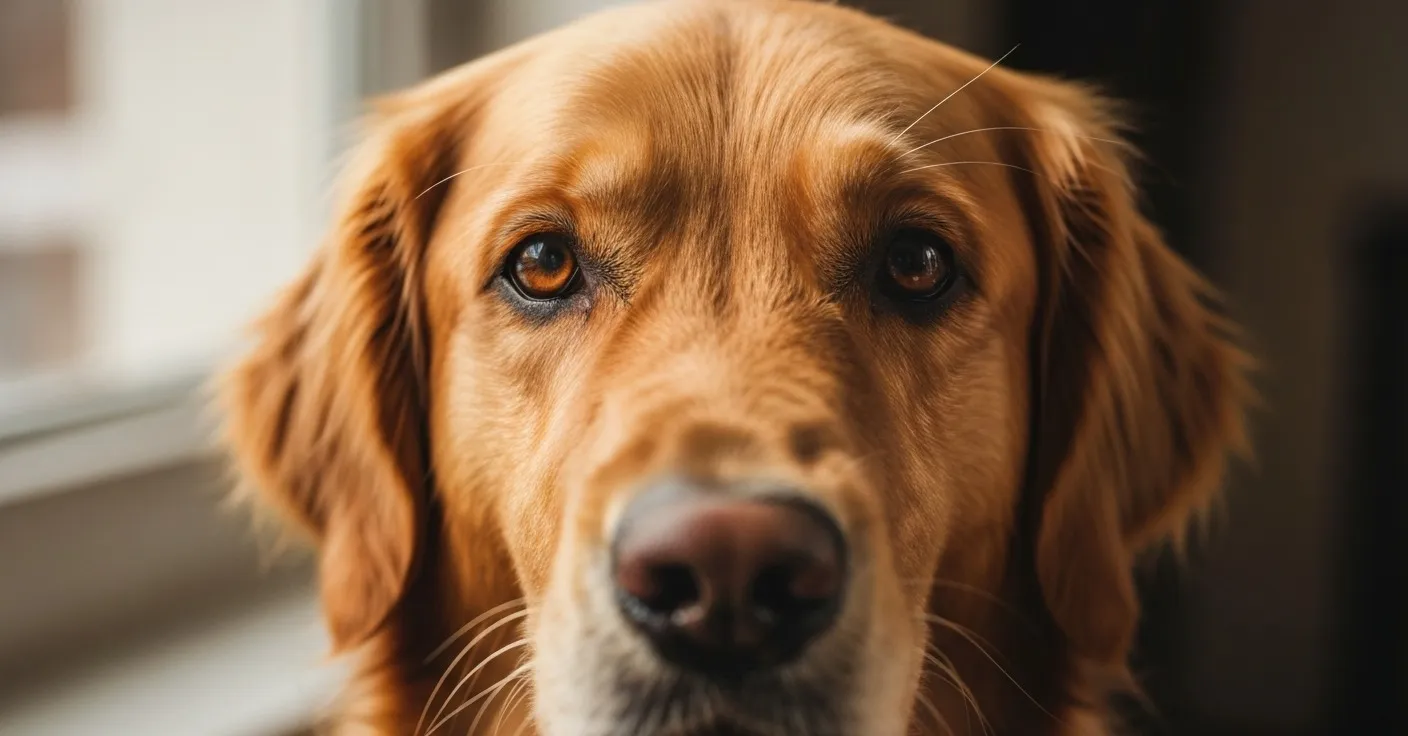 Close-up of a dog's bright amber eye with sunlight, illustrating how the retina filters light.