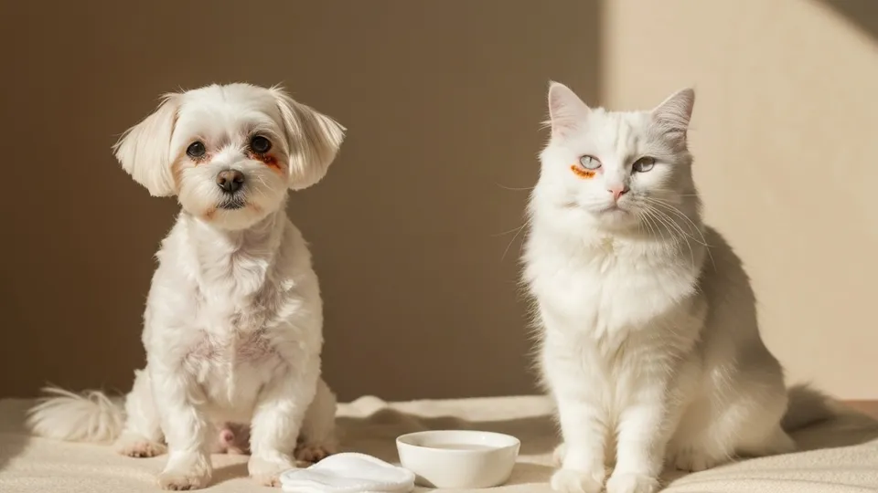 White Maltese dog with visible tear staining under both eyes during a grooming session.