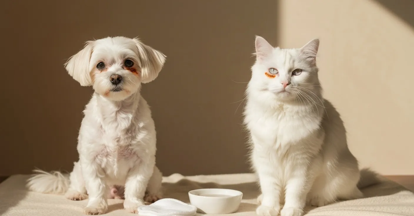White Maltese dog with visible tear staining under both eyes during a grooming session.