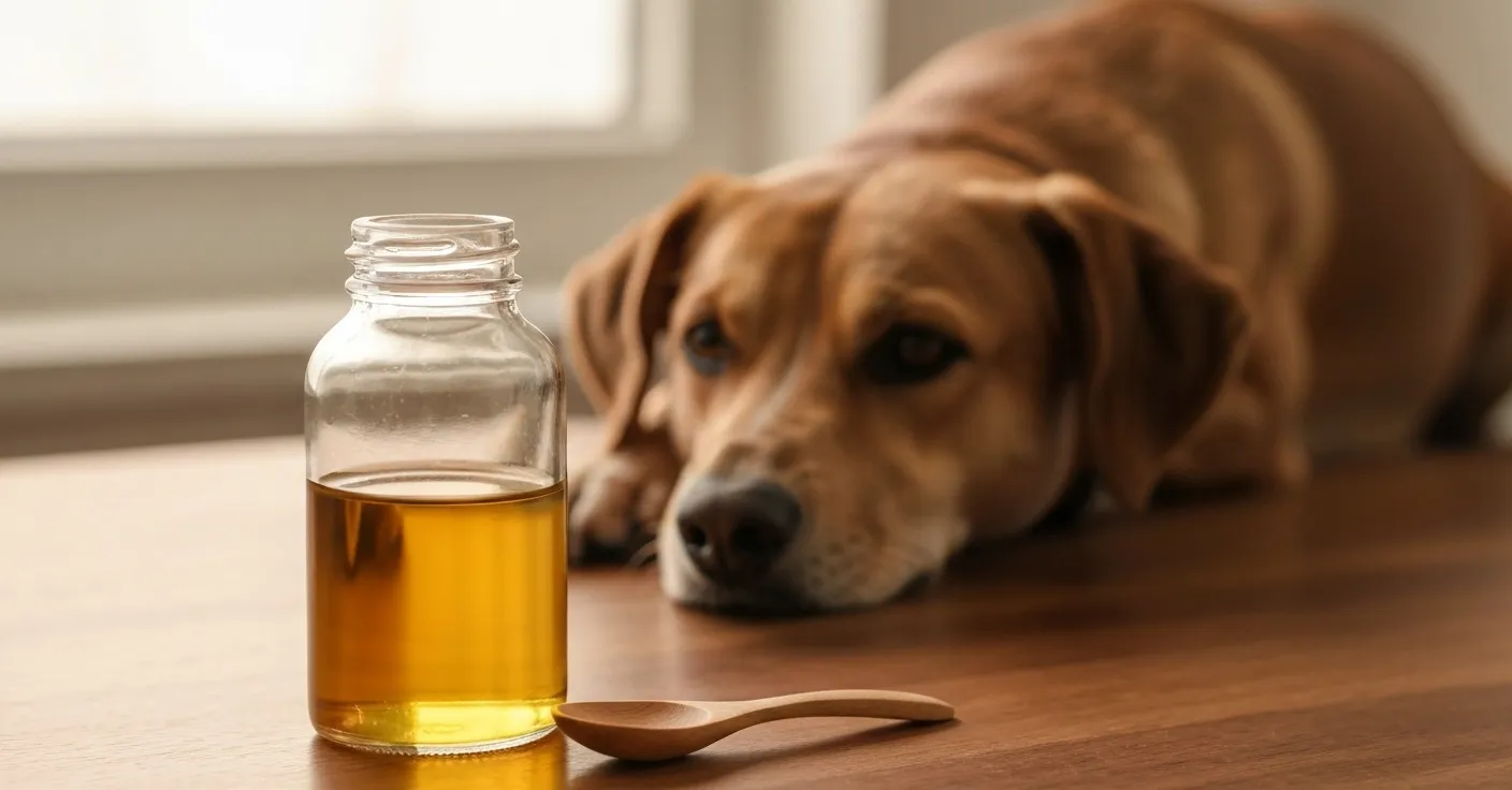 A glass bottle of golden fish oil beside a healthy adult dog resting in soft natural light.