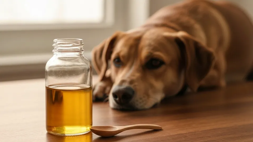 A glass bottle of golden fish oil beside a healthy adult dog resting in soft natural light.