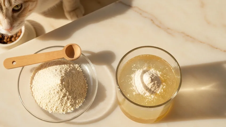 Psyllium husk powder in a small glass dish beside a measuring spoon.
