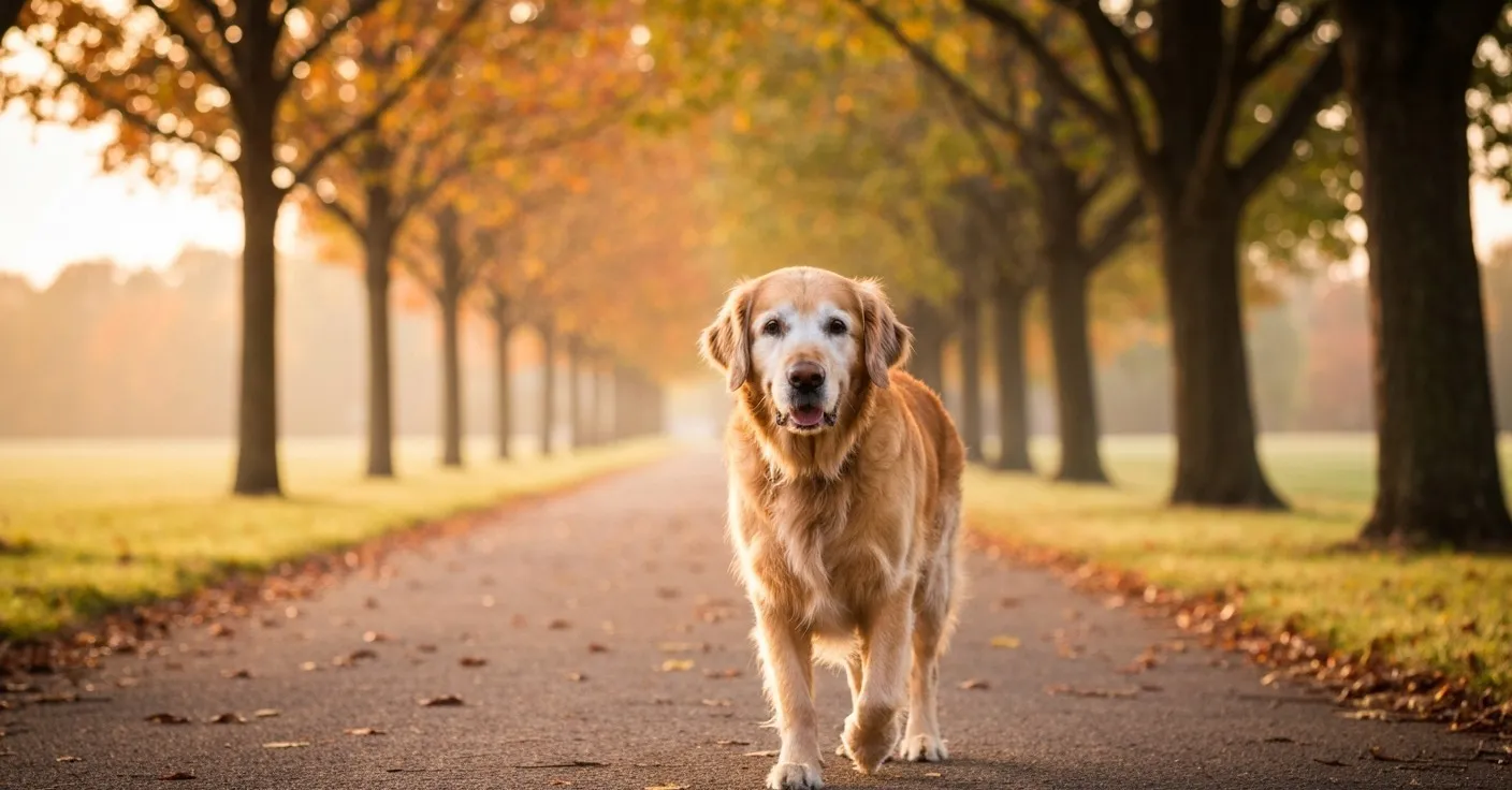 A calm senior dog walking on a quiet park path in soft morning light.