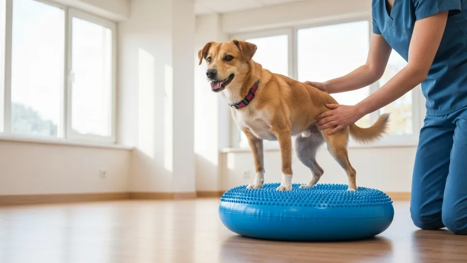 Senior golden retriever doing a balance exercise on a therapy mat.