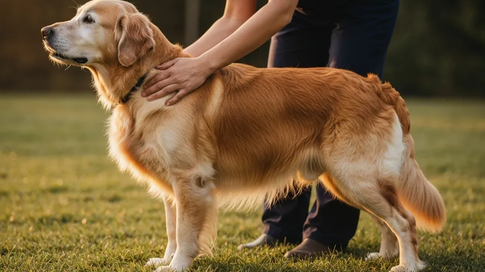 Senior golden retriever walking on grass with its owner, showing slight muscle loss along the hindquarters.