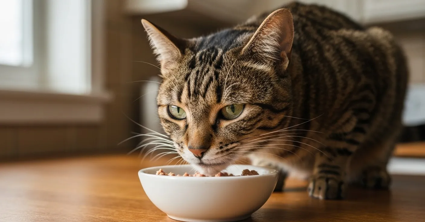 A close-up of a healthy adult tabby cat eating wet food from a ceramic bowl, illustrating dietary taurine intake.