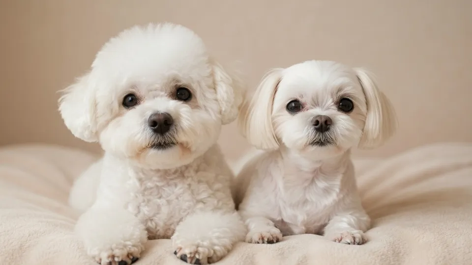 Side-by-side of a Bichon Frise and a Maltese, both showing tear staining under the eyes.