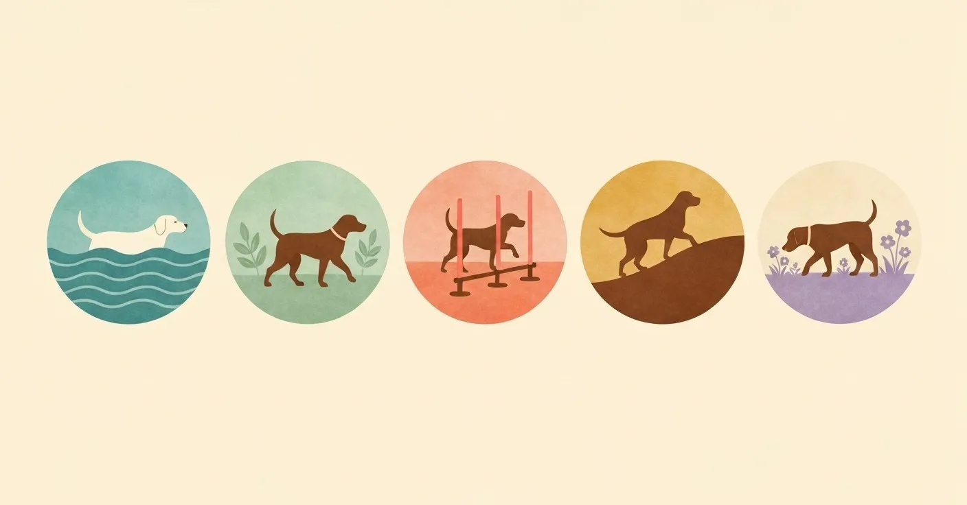 A flat-design infographic showing five low-impact senior exercise options: hydrotherapy, soft-surface walks, cavaletti poles, gentle hill walking, and sniffaris.