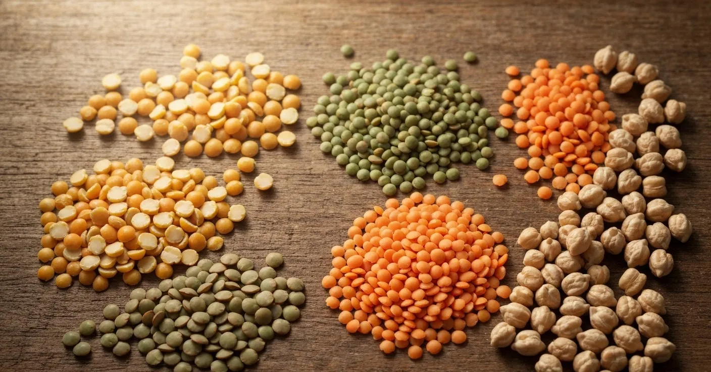 A clean overhead photo of dried yellow peas, green and red lentils, and chickpeas in small white ceramic dishes on a wooden surface