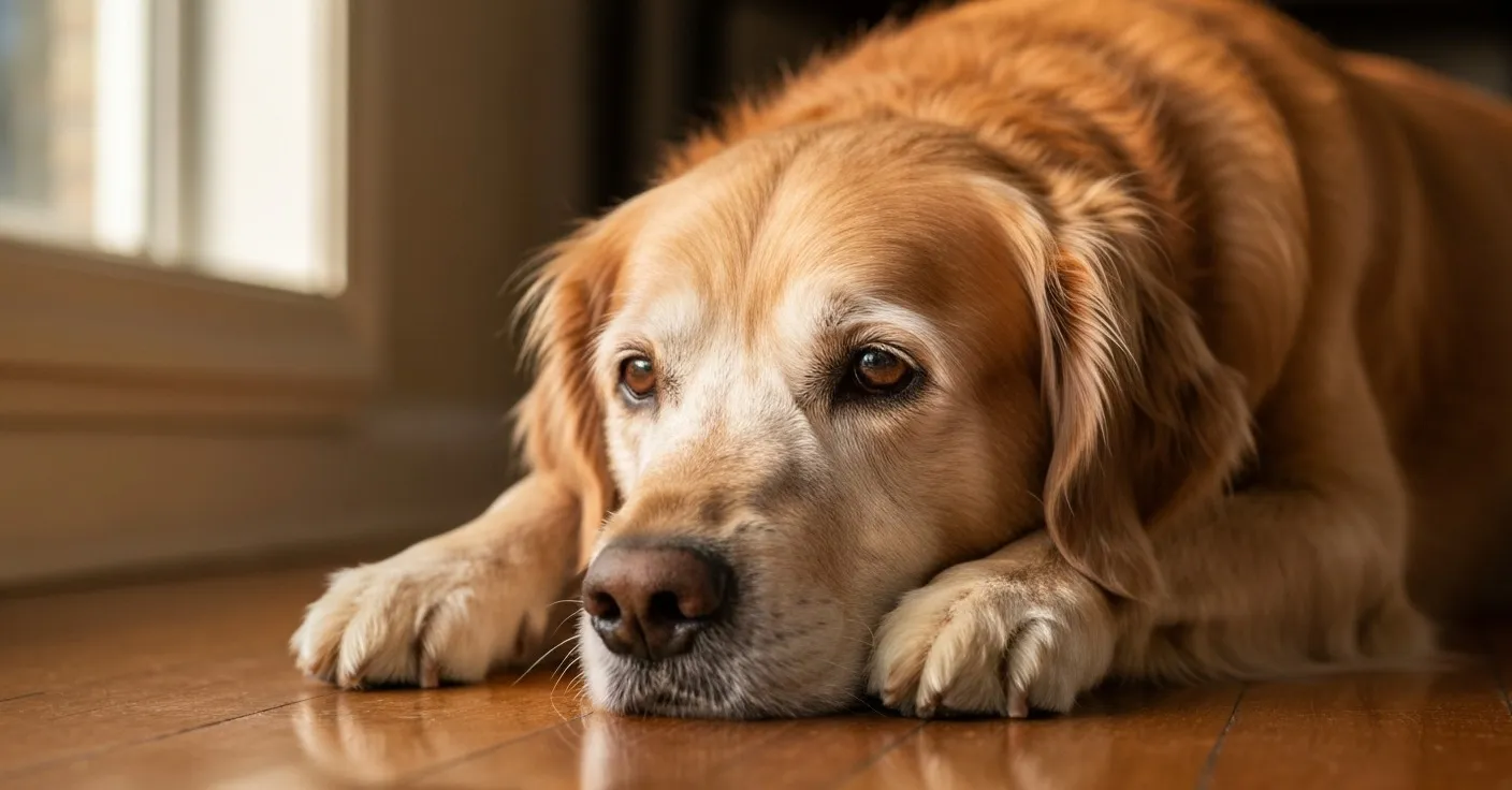 A senior golden retriever resting comfortably on a wooden floor in warm afternoon light, eyes alert.