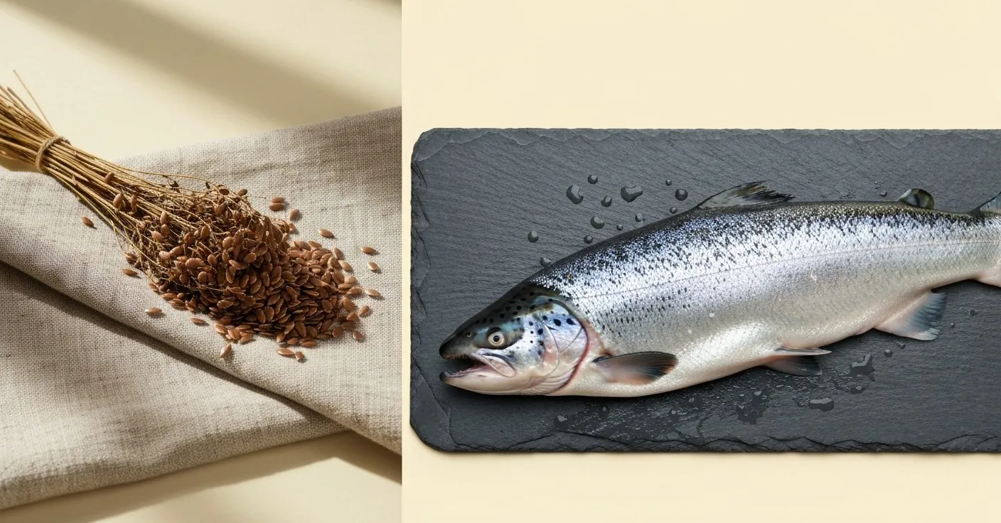 A side-by-side photograph showing a flaxseed plant on the left and a wild salmon on the right, with soft natural lighting suggesting the gap between plant and marine omega-3 sources.