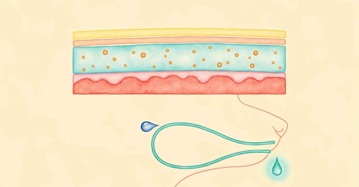 Cross-section diagram of the canine tear film layers showing lipid, aqueous, and mucin layers over the cornea, with tear drainage through the nasolacrimal duct.