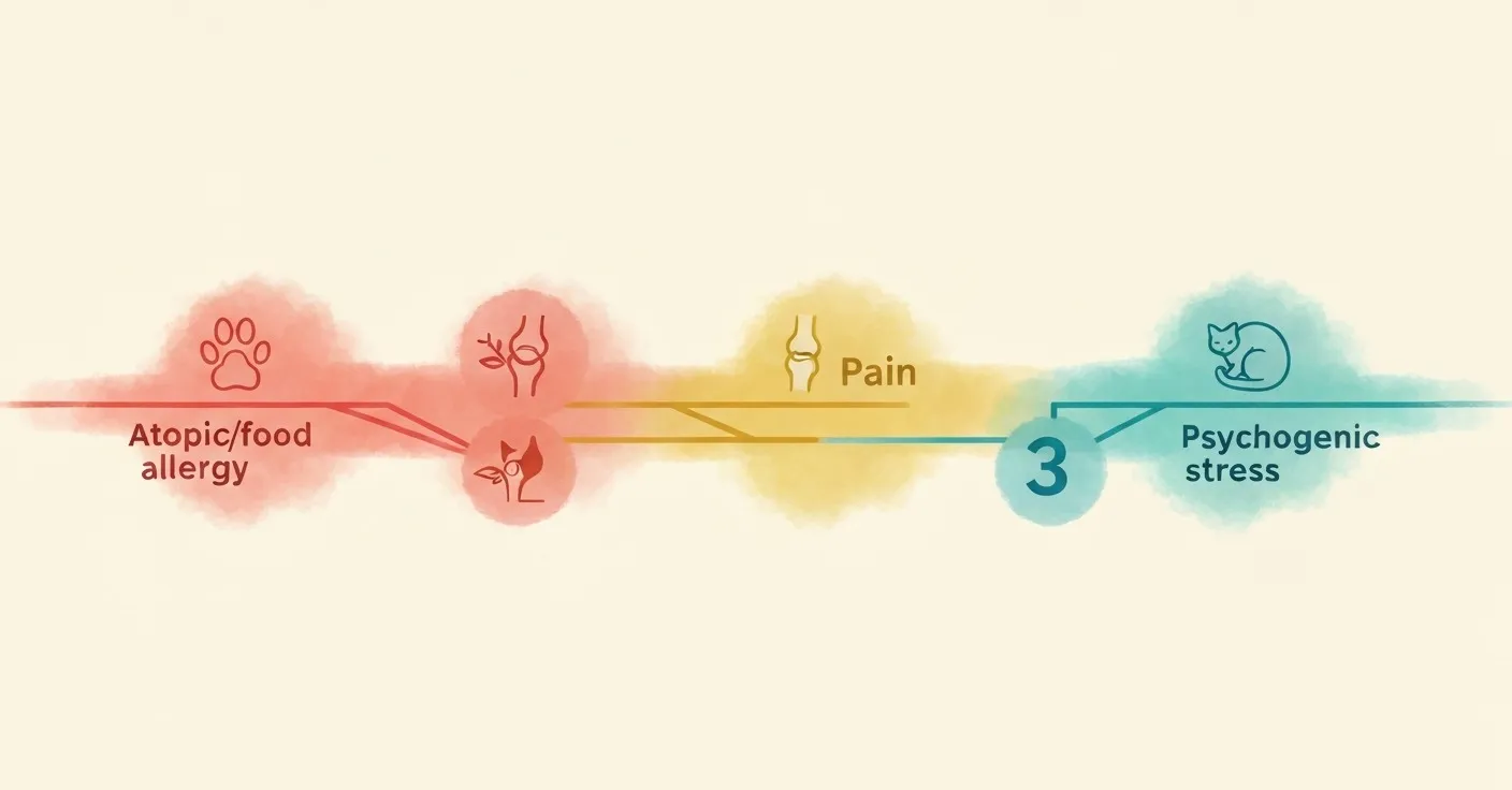 A clean illustrated decision tree showing three color-coded branches for allergic, pain-related, and behavioral overgrooming, with example distribution patterns under each branch.