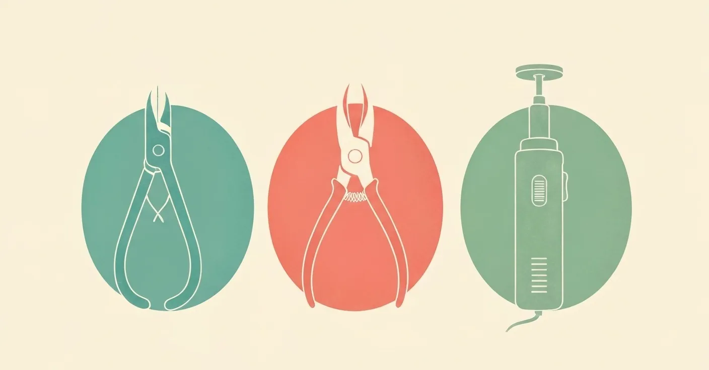 Three nail tools shown in side-by-side silhouette — a guillotine clipper, a scissor-style clipper, and a rotary grinder.
