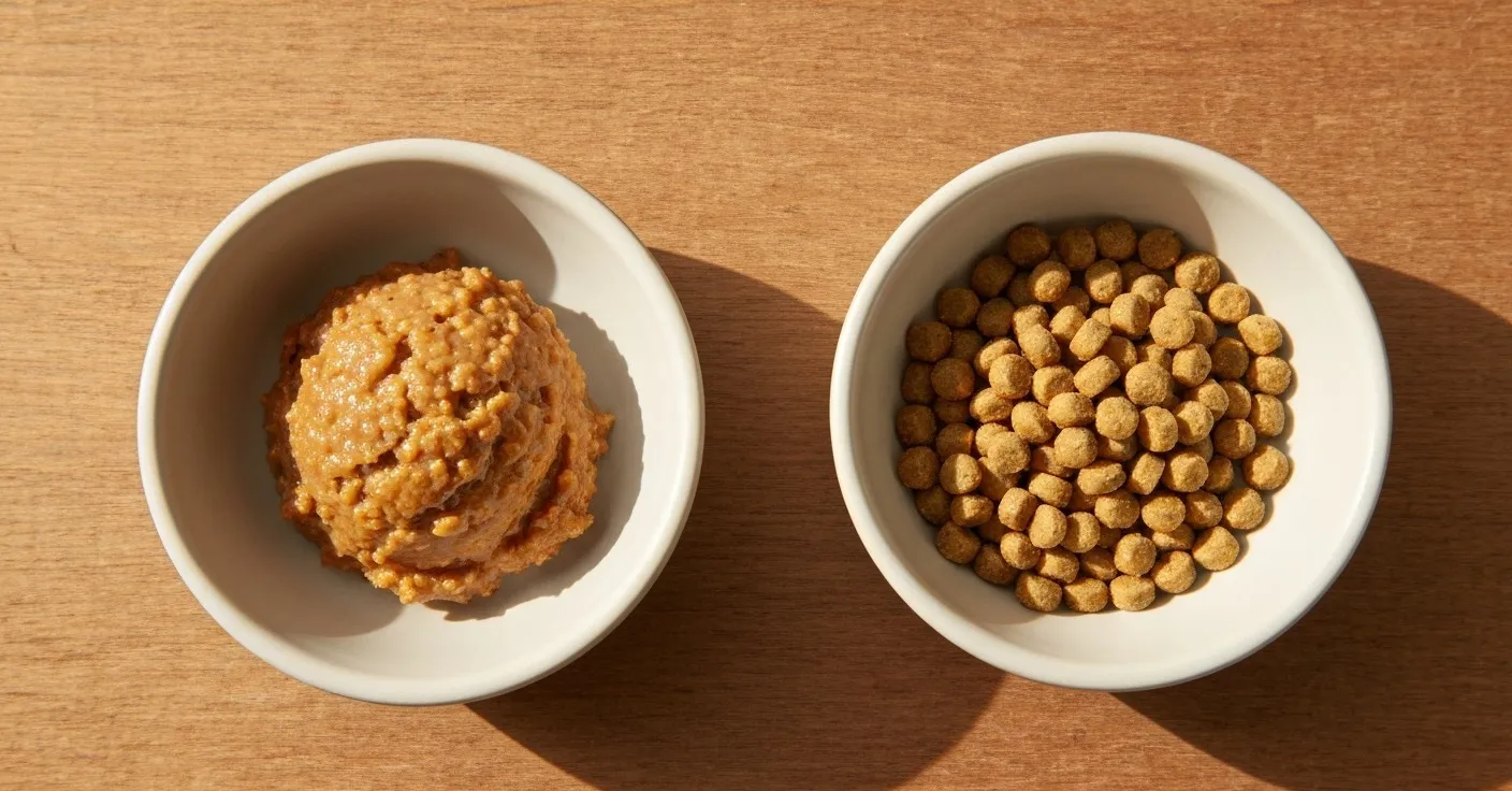An overhead photograph of two cat food bowls side by side: one with wet pâté and one with dry kibble, both clearly labeled by texture rather than brand.