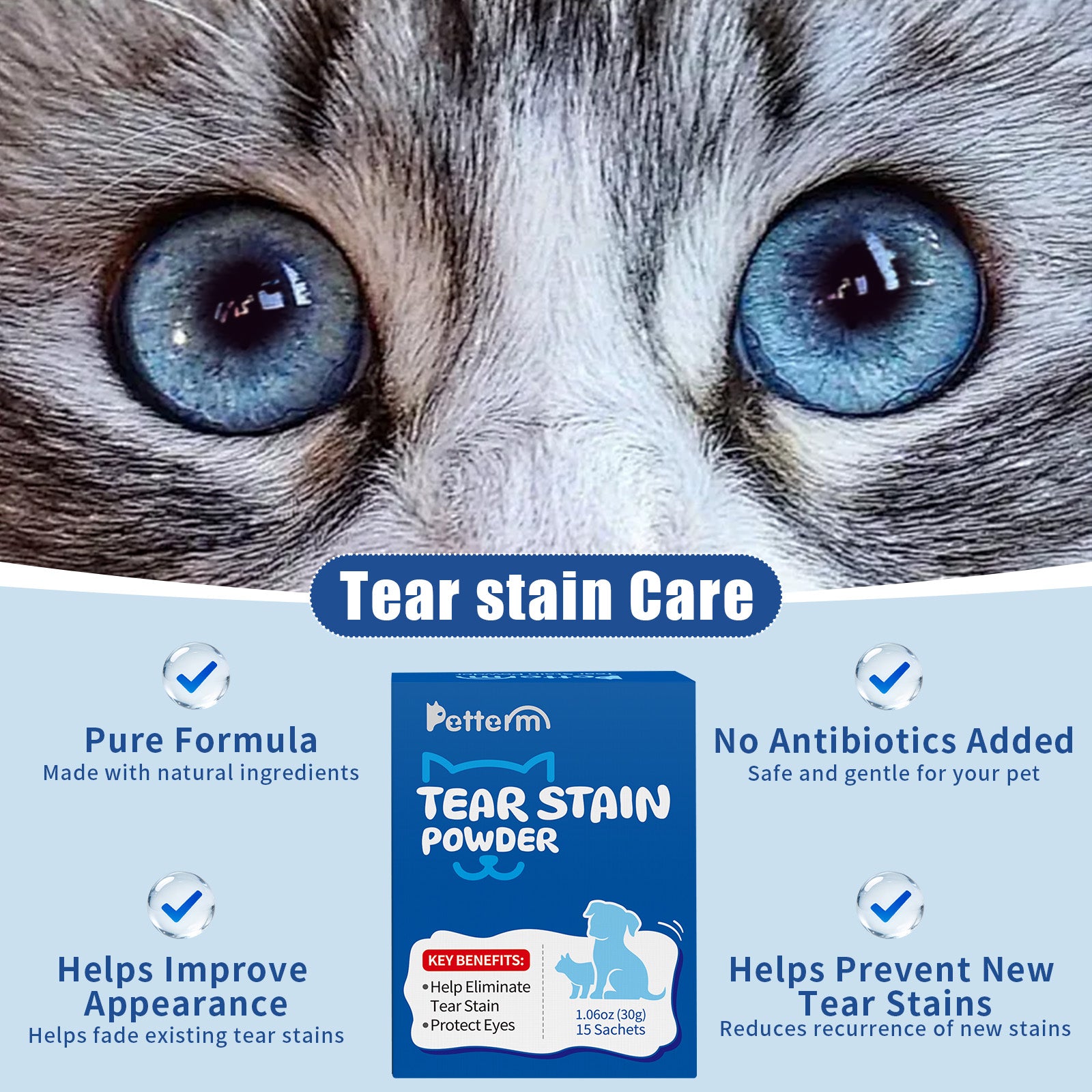 Petterm Tear Stain Powder Supplement for Dogs and Cats