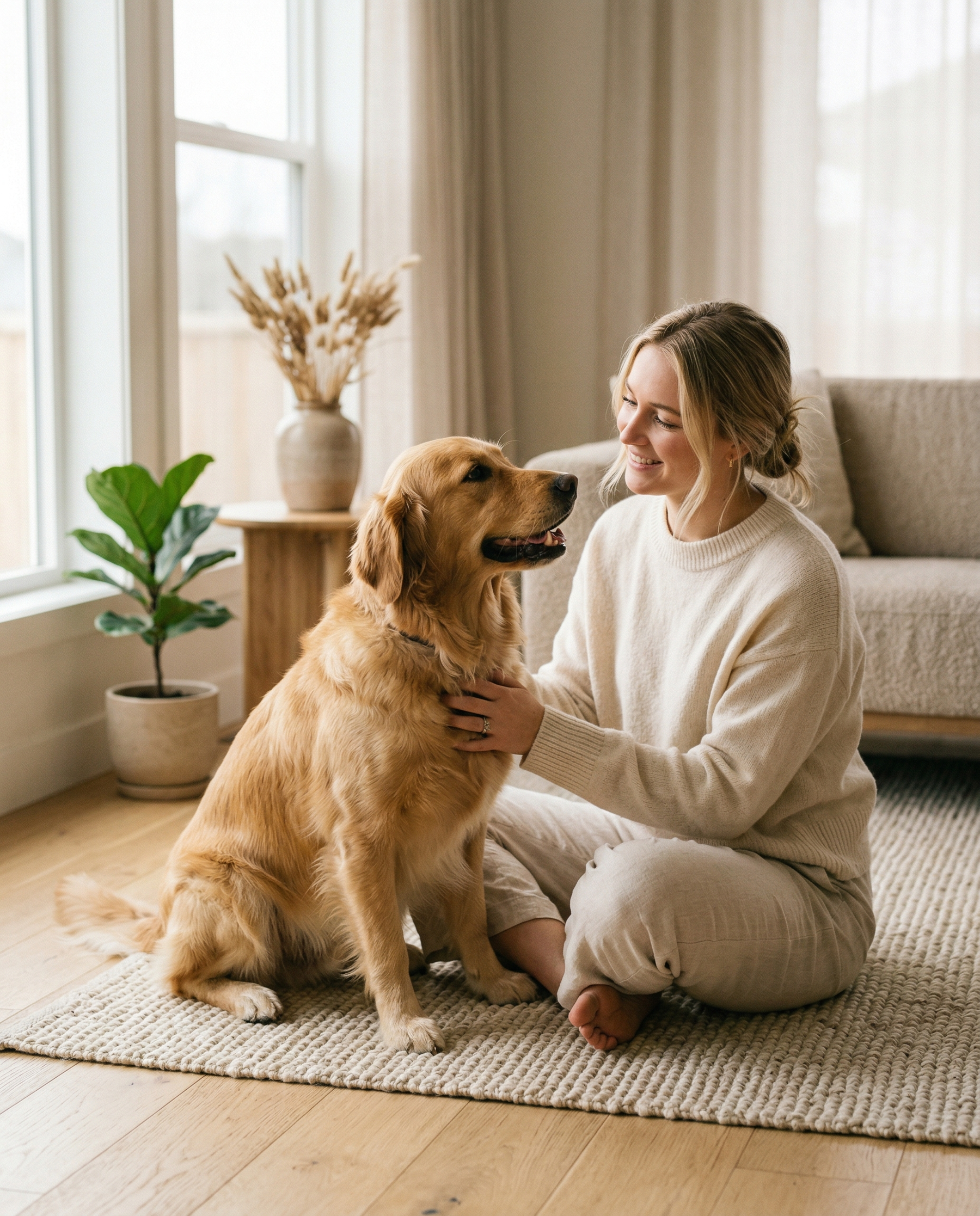 Woman with dog in a warm home setting