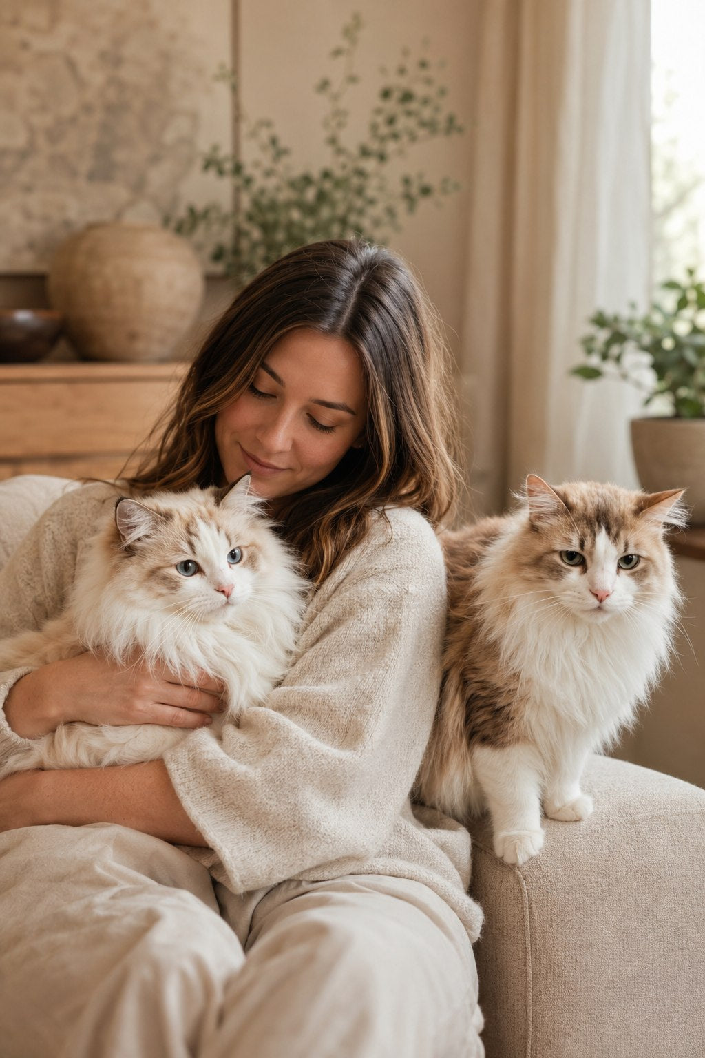Petterm founder with Ragdoll cats Gina and Dollar — the inspiration behind Petterm Health supplements