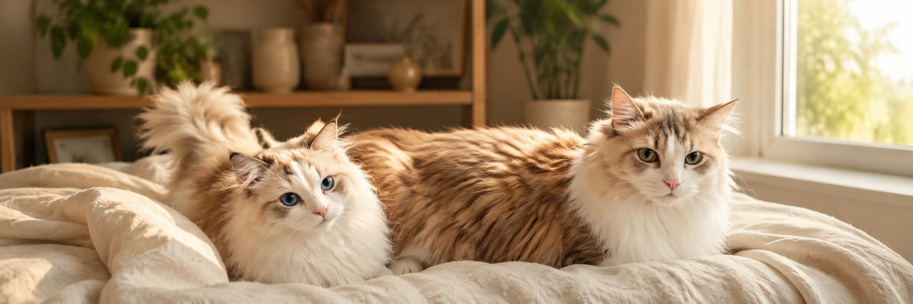 Gina and Dollar, two flame-point Ragdoll cats relaxing at home — the cats behind Petterm's founding story